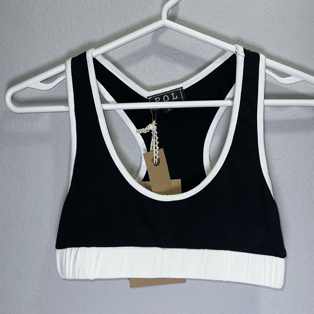 POL Women's Size Small Racerback  Bra Non Padded Super Soft Black With White Hem